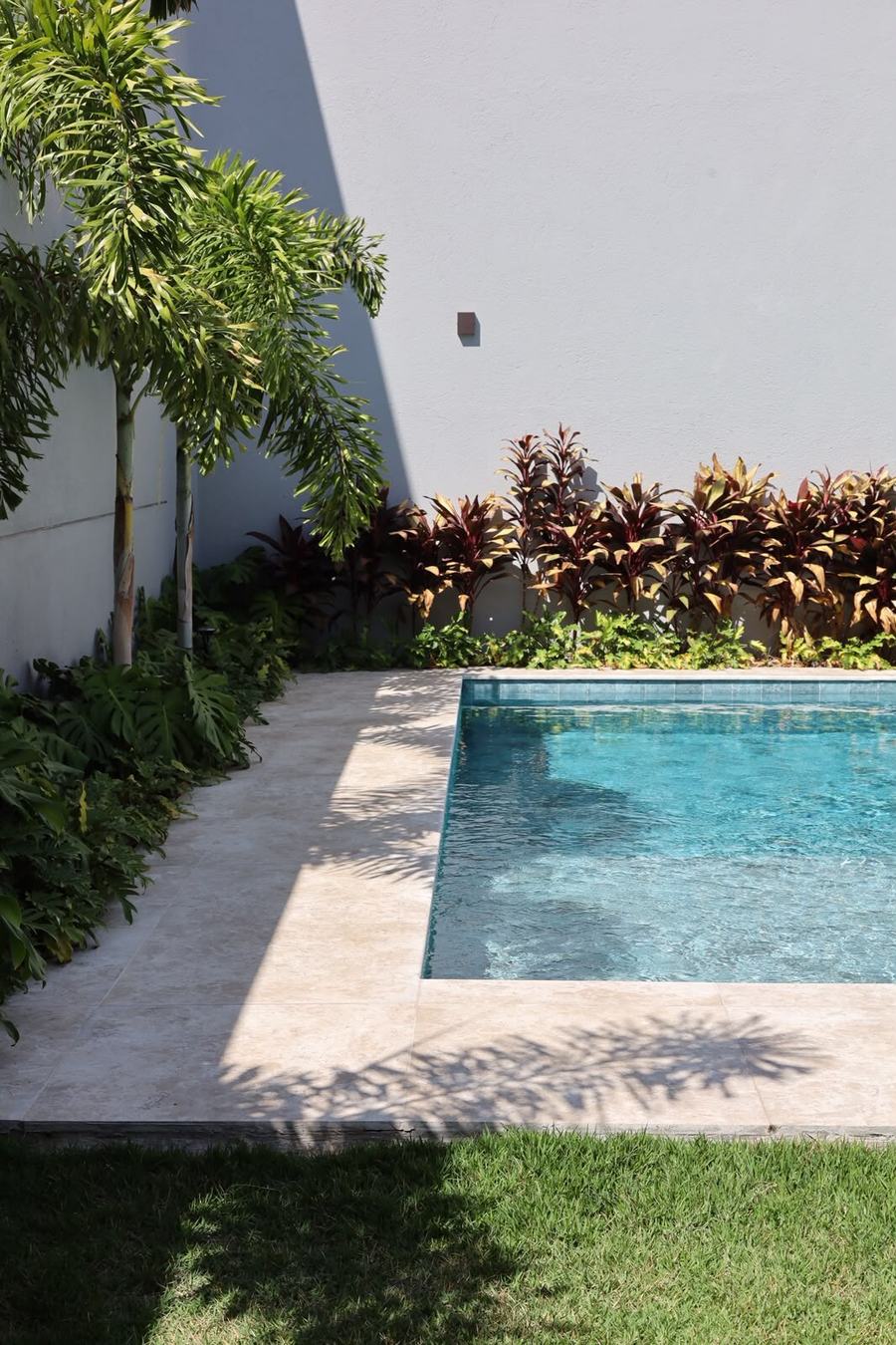 Piscina com jardim e parede revestida em pedra ao fundo
